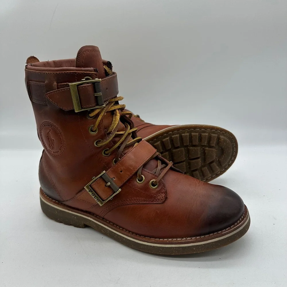 Polo Ralph Lauren Maurice 0862 Men's 9D Brown Buckle Straps Leather Combat Boots